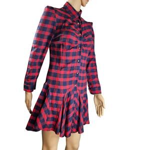 Red Blue Plaid Long Sleeve Button Up Shirt Mini Dress With Circle Skirt Size XS